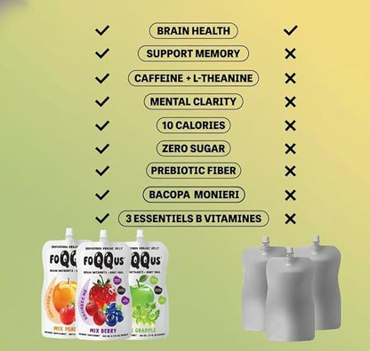 Apple Green Grape Konjac Jelly with Bacopa + Caffeine + L-Theanine (10 Pouches) | Low Calorie, 0g Sugar, Gluten-Free, Vegan & Keto | Drinkable Asian Snack | Nutrients for Gut Health & Focus