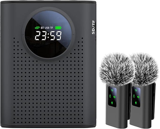 Rechargeable Voice Amplifier Wireless Microphone Dual for Teachers Classroom, Mini Lavalier Lapel Mic Clip Magnetic, Bluetooth Speaker with LED Display for Class, Tour Guide, Coaches, Black