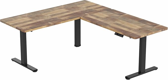 VIVO Electric Height Adjustable 67 x 60 inch Corner Stand Up Desk, 2 Reclaimed Wood Solid Table Tops, Black Frame, Memory Controller, L-Shaped Workstation, 3E Series, DESK-KIT-3E6BP