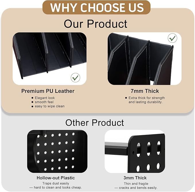 GORESE Collapsible Magazine File Holder, PU Leather Vertical File Folder Organizer for Desk with 4 Compartments, Magazine Holder Binder Storage Clipboard Rack File Sorter for Office Home School, Black