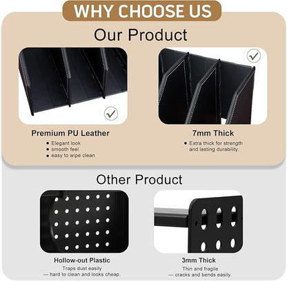 GORESE Collapsible Magazine File Holder, PU Leather Vertical File Folder Organizer for Desk with 4 Compartments, Magazine Holder Binder Storage Clipboard Rack File Sorter for Office Home School, Black