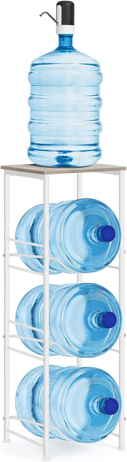 Water Bottle Storage Holder 5 Gallon Drink Dispenser Stand with Table 3-Tier Heavy Duty Water Cooler Jug Rack Water Bottle Organizer for Kitchen, Office, Living Room, Rustic Grey