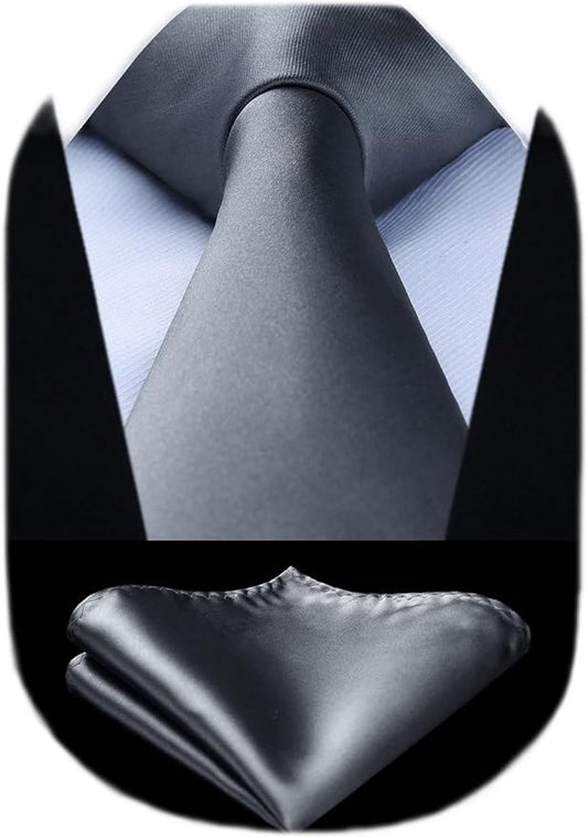 HISDERN Mens Solid Color Ties Formal Satin Necktie and Pocket Square Set Classic Wedding Business Tie & Handkerchief
