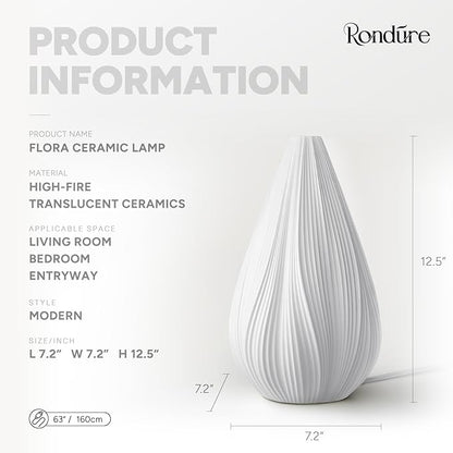 RONDURE 12.5" Modern Ceramic Table Lamp, Modern Bedside Lamps for Bedroom, Living Room and Nightstand, White Translucent Ceramic Shade, Warm Ambient Lighting, Home Decor