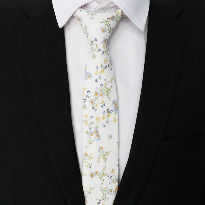 Cotton Floral Ties for Men 2.76" Men's Skinny Tie Linen Flower Printed Neck Tie for Wedding Dating Party