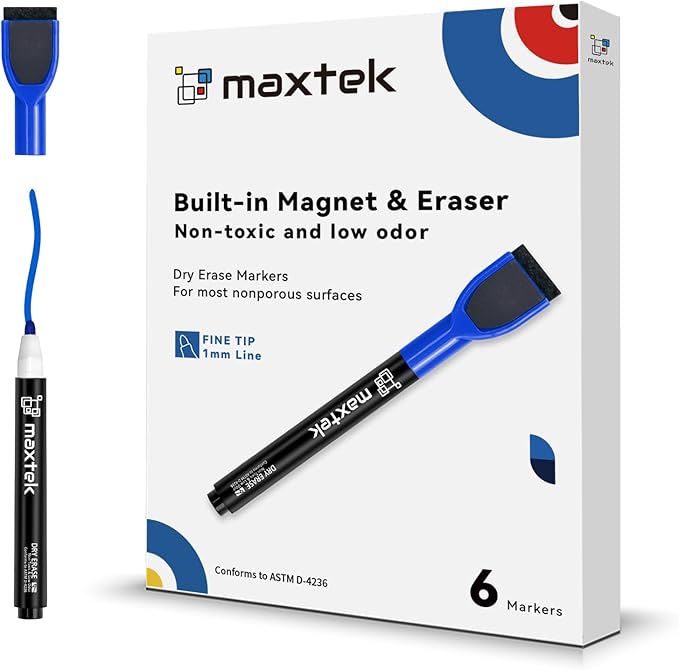 maxtek Dry Erase Markers - 6 Count Blue Magnetic Dry Erase Markers Fine Tip with Eraser, Low Odor Whiteboard Markers for Calendar Boards