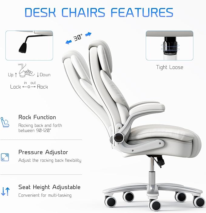 GYI Big and Tall Office Chair 400lb Wide Seat, Ergonomic High Back Leather Executive Desk Chair with Flip-up Arms, White