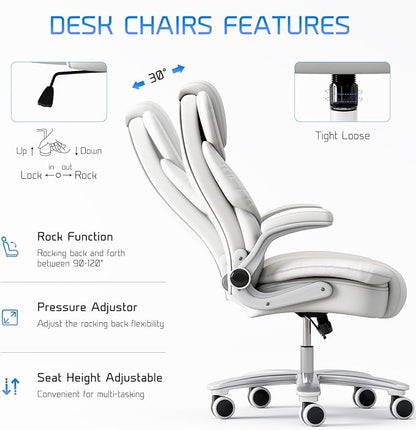 GYI Big and Tall Office Chair 400lb Wide Seat, Ergonomic High Back Leather Executive Desk Chair with Flip-up Arms, White