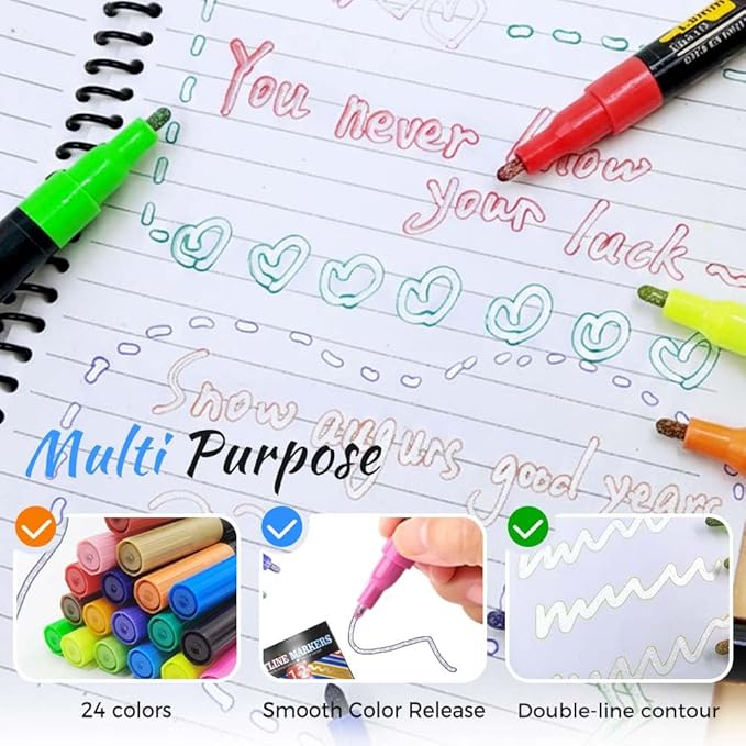 24 Marker Pen for Highlight Self-Outline Metallic, Double Line Magical Pens for Adult Coloring Books, Color Glitter Markers for Adults, Back to School Supplies for Kids, Toddler Gifts