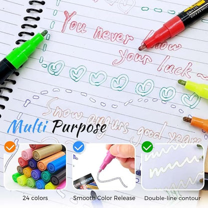 24 Marker Pen for Highlight Self-Outline Metallic, Double Line Magical Pens for Adult Coloring Books, Color Glitter Markers for Adults, Back to School Supplies for Kids, Toddler Gifts
