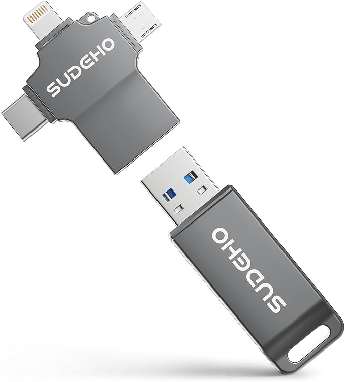 MFi Certified Photo Stick 512GB USB Flash Drive for iPhone, 4 in 1 External Memory Thumb Drive for Picture Video Backup, High Speed Memory Stick USB Drive for iPhone/iPad/Android/PC (Gun Black)