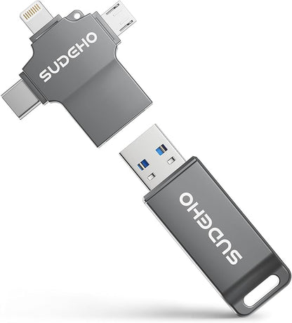MFi Certified Photo Stick 256GB USB Flash Drive for iPhone, 4 in 1 External Memory Thumb Drive for Picture Video Backup, High Speed Memory Stick Pen Drive for iPhone/iPad/Android/PC (Gun Black)