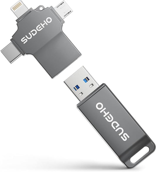 MFi Certified Photo Stick 256GB USB Flash Drive for iPhone, 4 in 1 External Memory Thumb Drive for Picture Video Backup, High Speed Memory Stick Pen Drive for iPhone/iPad/Android/PC (Gun Black)