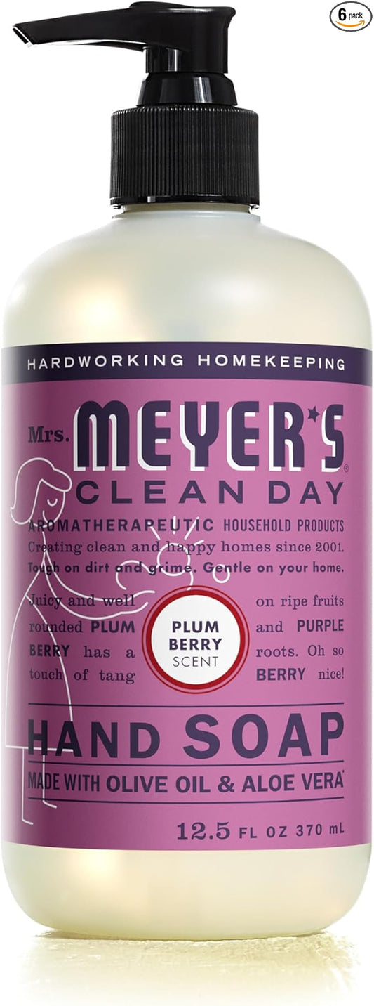 MRS. MEYER'S CLEAN DAY Liquid Hand Soap, Cruelty Free and Biodegradable Hand Wash Formula Made with Essential Oils, Plum Berry Scent, 12.5 oz - Pack of 6