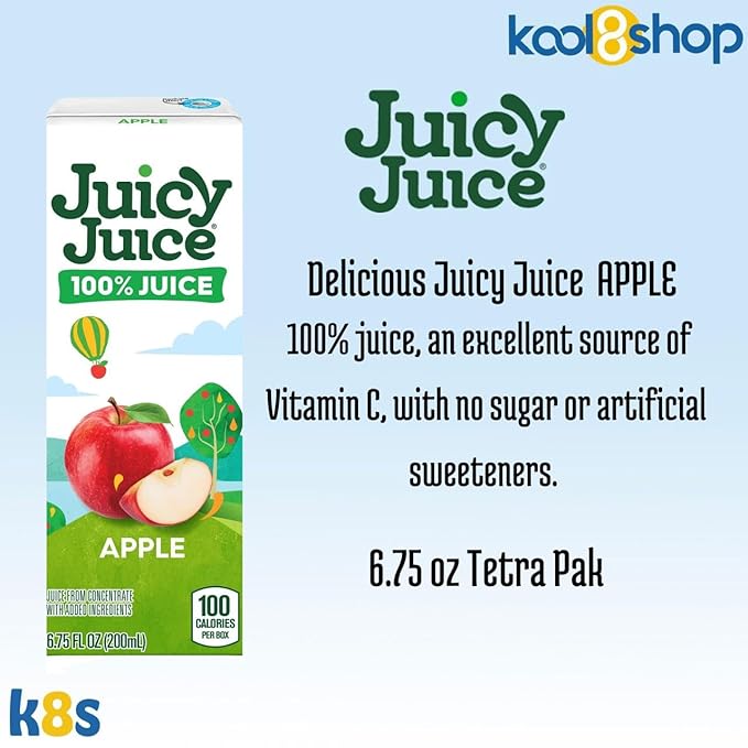Juicy Juice Apple 100% Juice No Sugar Added On the Go Box 6.75 fl oz 32 Pack + 2 Reusable Snack Bags by KOOL8SHOP Infinite Deals