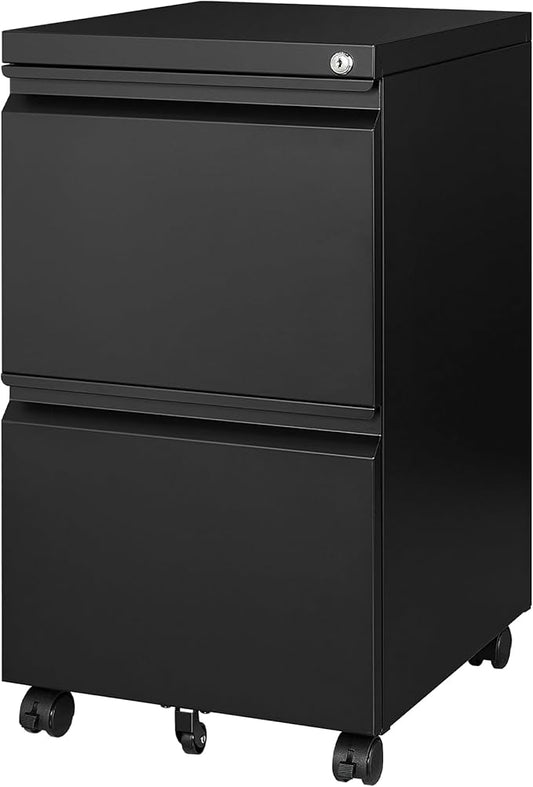 Mobile File Cabinet with Lock - 2 Drawer, Small Rolling Cabinet for Home Office, Legal/Letter/A4 (Black)