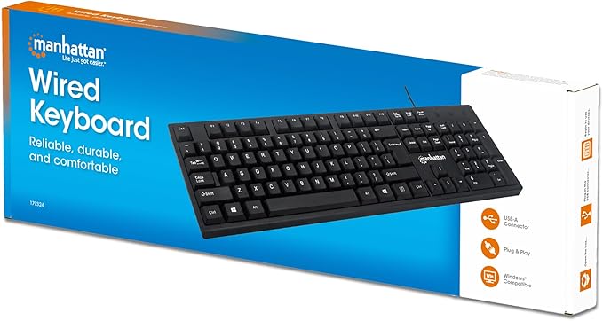 Manhattan Wired Computer Keyboard – Basic Black Keyboard - with 4.5ft USB-A Cable, 104-keys, Foldable Stands - Compatible for Windows, PC, Laptop - 3 Yr Mfg Warranty – 179324