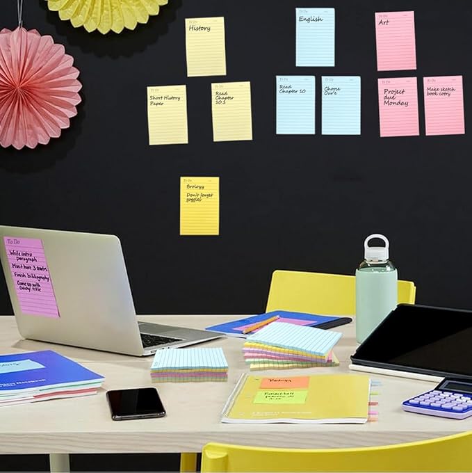 6 Pack to Do List Sticky Notes,4X6 in Lined Sticky Notes,300 Sheets Bright Color Self-Stick Note Pads,Super Adhesive Memo Pads, Easy to Post Notes for Study, Works and Daily Life (4X6 inch)