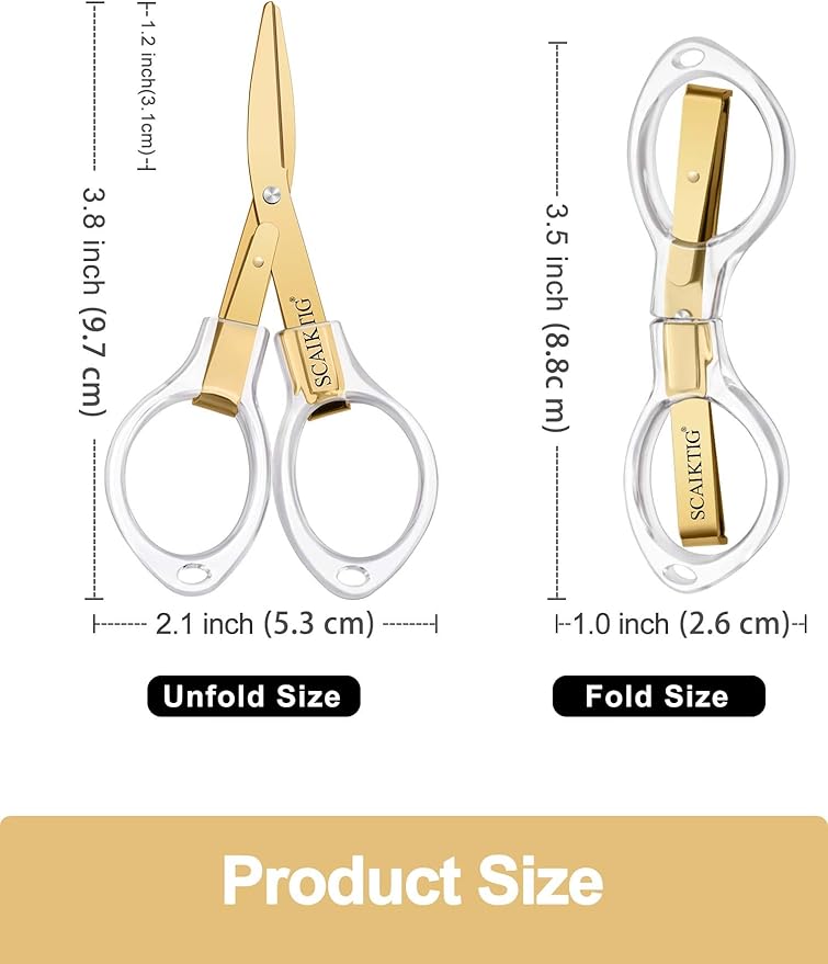 3.8” Folding Travel Scissors Set (2 Pcs), Safety Small Mini Foldable Scissors All Purpos, Clear Acrylic Comfort-Grip Handles, Gold Titanium Coated Blades for Craft, Sewing, Office Desk, Nurse