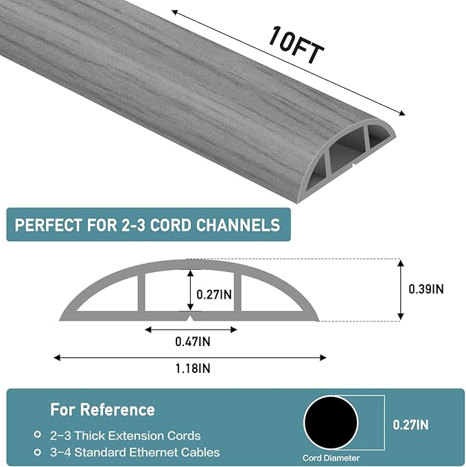 Floor Cord Cover Self Adhesive Cord Hider Floor Extension Cord Covers for Floor Power Cord Protector Cable Management Prevent Cable Trips Cable Cavity 0.47" W x 0.27" H (Light Grey Wood, 10Ft)