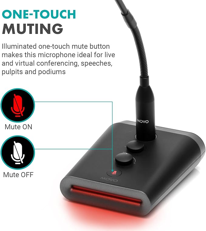 Movo GM-7 Professional 18-inch Gooseneck Microphone and USB Interface Base with RGB Lights, Gain, Mute - Podium Microphone with Stand for Streaming, Meetings, Lectures - USB Mic for Mac and PC