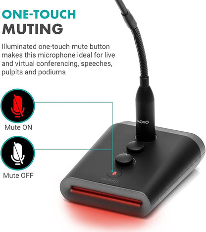 Movo GM-7 Professional 18-inch Gooseneck Microphone and USB Interface Base with RGB Lights, Gain, Mute - Podium Microphone with Stand for Streaming, Meetings, Lectures - USB Mic for Mac and PC
