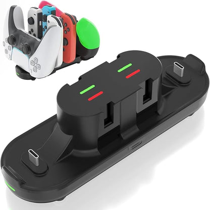 Switch Controller Charger for Nintendo Switch, Charging Dock with JoyCon/Pro / PS5 Controller, Charger Station with LED Indicator and Charger Cable for JoyCons, 6 in 1 Nintendo Charging Dock