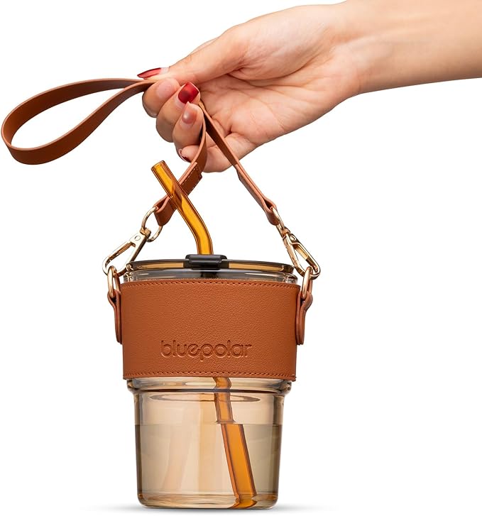 13 oz Tumbler Water Glass, Water Bottle with Straw and Dustproof Lid, Coffee Ice Cup Double Wall Insulated Glass Cup (Amber with Sleeve and Strap)