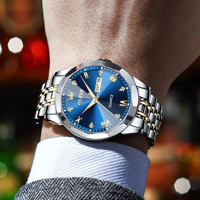 OLEVS Mens Watch Stainless Steel Analog Quartz Watches for Men Day Date Easy Read Diamond Waterproof Dress Luxury Classic Casual Big Face Blue/Black/Gold/Silver Roman Arabic Numerals Men's Wrist Watch