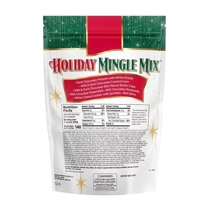 Christmas Holiday Mingle Snack Mix, 24 oz., Sweet and Crunchy, Chocolate Pretzels, Caramel Corn, Peanut Butter Cups, Resealable Pouch, Kosher, Holiday Entertaining