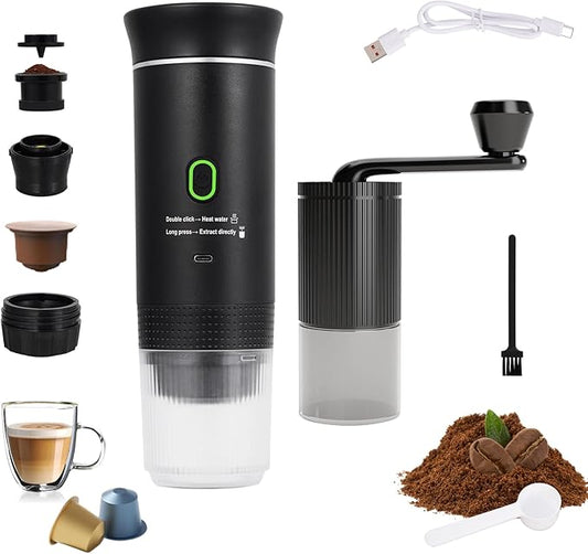 Portable Coffee Maker Set, Electric Espresso Machine & Manual Coffee Bean Grinder, Self-Heating Coffee Kit for Ground Coffee and Small & Big Capsules for Home Car Travel Camping Hiking