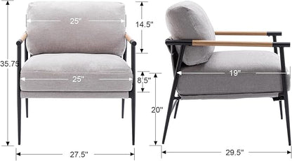 Mid-Century Accent Chair, Soft Armchair Chenille Fabric Lounge Chair with Black Metal Legs, Upholstered Leisure Chair for Living Room Bedroom Reception Room, 1PC, Grey