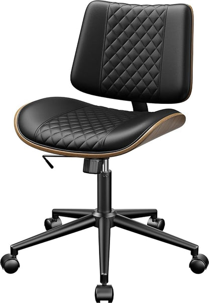 Armless Office Chair, Mid Century Modern Desk Chair with Walnut Wood Back & SGS Level 3 Gas Lift, Swivel PU Leather Computer Chair for Small Space, Home Office, Bedroom, 300lbs Cap, Black