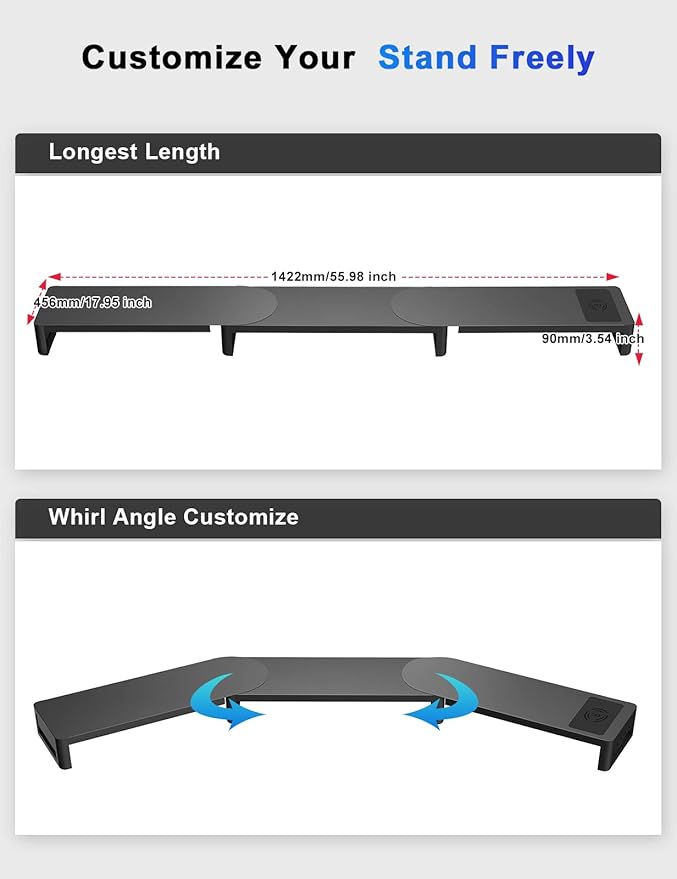 Monitor Stand with Wireless Charging and 4 USB Ports, Steel Monitor Stands for 3 Monitors, Metal Computer Stand Riser for Desk, Office, Laptop, PC up to 32 Inches (Black)