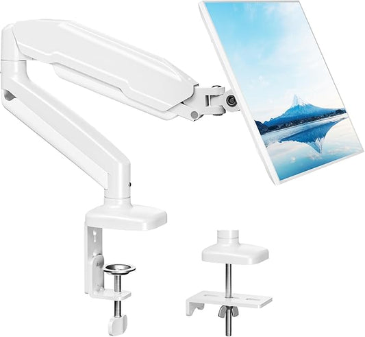 MOUNT PRO Single Monitor Desk Mount - Articulating Gas Spring Arm, Removable VESA Mount for Computer Monitor Stand with Clamp and Grommet Base Fits 13 to 32 Inch Screen, VESA 75x75, 100x100, White