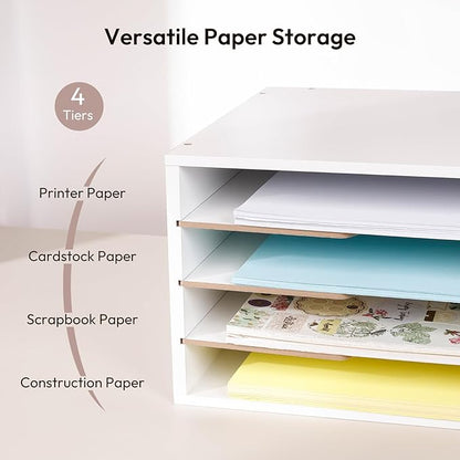 12x18 Construction Paper Organizer, 4-Tiers Paper Storage Shelf, Wooden Desk Organizer, File Holder and Letter Tray for Office, Home, Classroom