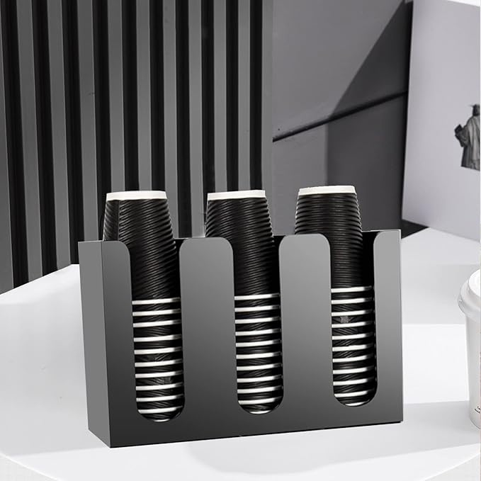 Tirifer Disposable Paper Cup Dispenser, Acrylic Coffee Cup and Lid Storage Organizer Holder, Coffee Milk Tea Shop Restaurant Accessories Christmas Party Supplies, 3 Compartments