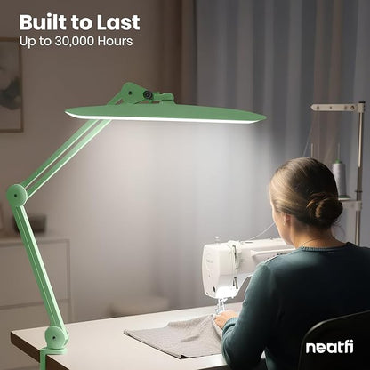 Neatfi XL LED Desk Lamp with Clamp, 2200 Lumens, 24W, 20-Inch Wide Head, Dimmable 4 Brightness Levels, Task Light for Home Office, Crafts, Workbench (Non-CCT, Midnight Green)