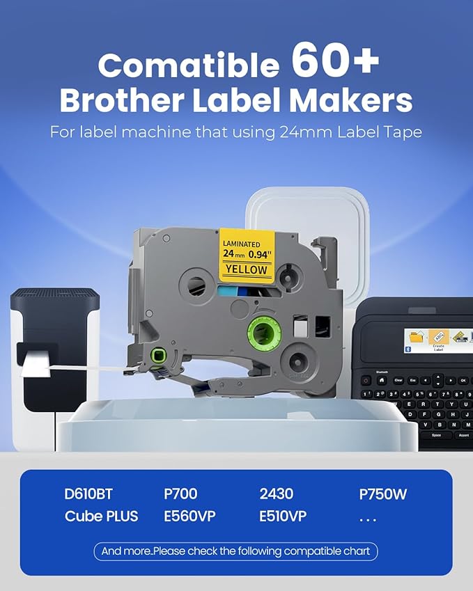 TZe-651 Compatible with Brother Label Maker Tape 24mm 0.94 Yellow P Touch TZe TZ Tape 1”Laminated Black on Yellow for PT D600 D610BT P710BT P750W P700 P900W P950W Refills, 1 Inch x 26.2 feet, 6-Pack