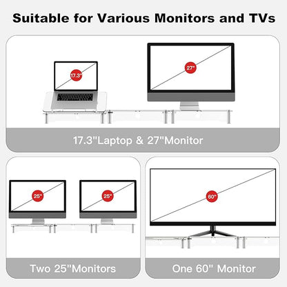 RQUOIRE Ergonomic Acrylic Dual Monitor Stand with Adjustable Laptop Riser, Compatible with Desktop, Printer, TV and More Devices,Monitor Riser Holder Suitable for 2 Monitors (Clear)