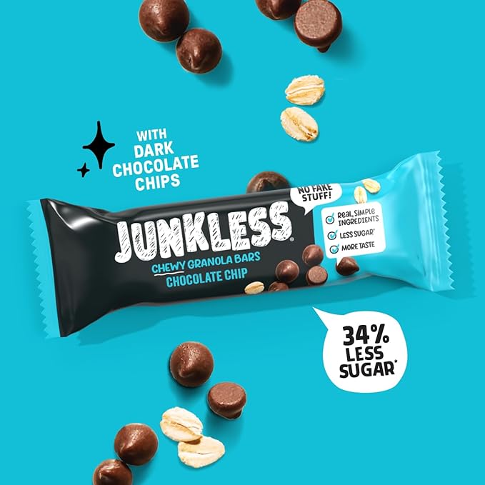 JUNKLESS Chewy Granola Bars Twin Pack – Chocolate Chip & Peanut Butter Chocolate Chip (12 Bars)–Less Sugar, Non-GMO, Gluten-Free, Wholesome Snack Bars for Kids & Adults, 2 Boxes