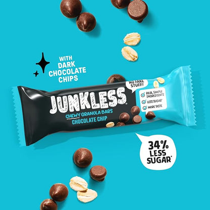 JUNKLESS Chewy Granola Bars Twin Pack – Chocolate Chip & Peanut Butter Chocolate Chip (12 Bars)–Less Sugar, Non-GMO, Gluten-Free, Wholesome Snack Bars for Kids & Adults, 2 Boxes