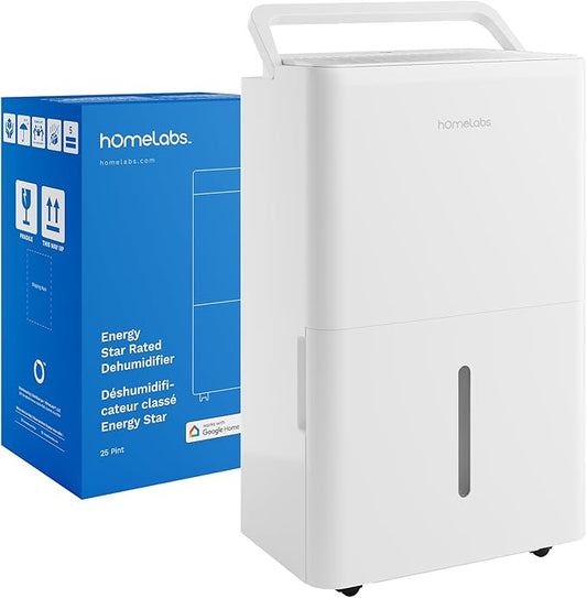hOmeLabs 25 Pint Wi-Fi Dehumidifier for up to 3,500 Sq Ft Rooms (MAX 64 Pint at 95°F, 90% RH) – High-Efficiency Moisture Removal for Medium to Large Spaces with Auto Shut-Off and Quiet Operation