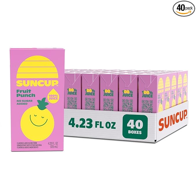 SunCup Juice - Fruit Punch (40 Pack) 4.23 oz Juice Box with Straw | 100% Fruit Punch Blend for Kids, Bulk Pack for School Lunches, Snacks, Parties, Classrooms, Home Use, Sports, and On-the-Go Drinks