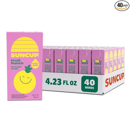 SunCup Juice - Fruit Punch (40 Pack) 4.23 oz Juice Box with Straw | 100% Fruit Punch Blend for Kids, Bulk Pack for School Lunches, Snacks, Parties, Classrooms, Home Use, Sports, and On-the-Go Drinks