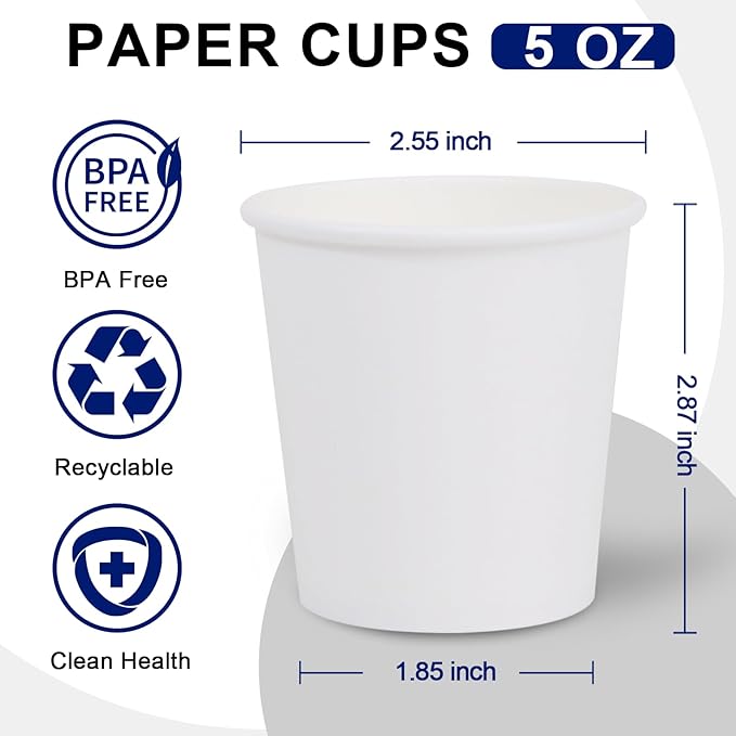 100 Count 5 oz Bathroom Cups, 5 oz Disposable Paper Cups, Small Mouthwash Cup, 5 Ounce Mini White Espresso Cups for Party, Travel, Picnic