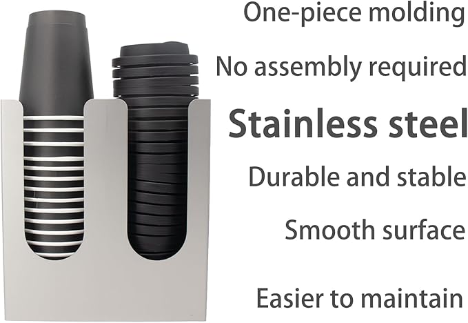 Coffee Cup and Lid Organizer Stainless Steel Sturdy Cup Dispenser Silver 2-Compartment Cup Rack No Need to Assemble Desktop Restaurant Kitchen for Convenient Storage