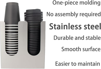 Coffee Cup and Lid Organizer Stainless Steel Sturdy Cup Dispenser Silver 2-Compartment Cup Rack No Need to Assemble Desktop Restaurant Kitchen for Convenient Storage