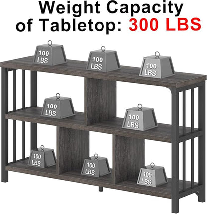 IBF Industrial 5 Cube Storage Organizer Bookshelf, Rustic Low Horizontal Book Shelf, Metal and Wood Cube Bookcase for Bedroom, Modern Wide Cubby Shelf for Living Room Home Office, Dark Grey Oak, 47 In