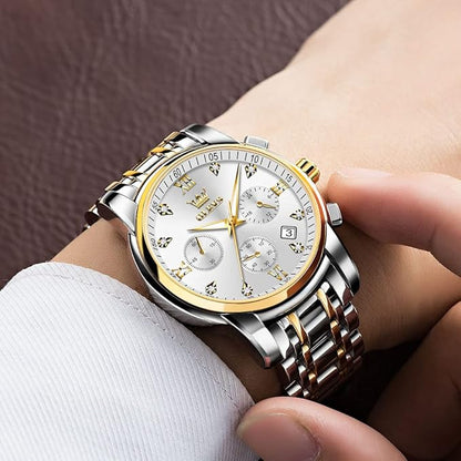OLEVS Men's Stainless Steel Chronograph Watch, Big Face Gold Silver Black Tone Easy to Read Analog Quartz Watch, Luxury Waterproof Date Diamond Roman Arabic Numerals Dial Dress Watch for Men
